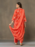 VASVI Cotton Printed Embroidered Neckline Straight Kurta Pant with Dupatta, Orange