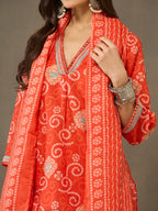VASVI Cotton Printed Embroidered Neckline Straight Kurta Pant with Dupatta, Orange