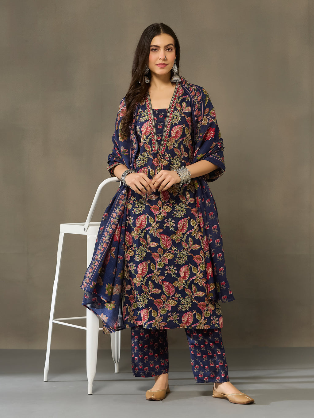 VASVI Cotton Embroidered Placket Printed Straight Kurta Pant with Dupatta, Blue