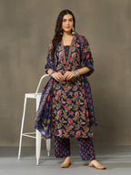 VASVI Cotton Embroidered Placket Printed Straight Kurta Pant with Dupatta, Blue