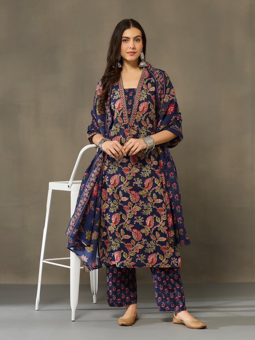 VASVI Cotton Embroidered Placket Printed Straight Kurta Pant with Dupatta, Blue
