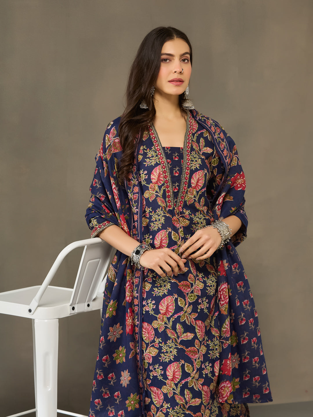VASVI Cotton Embroidered Placket Printed Straight Kurta Pant with Dupatta, Blue