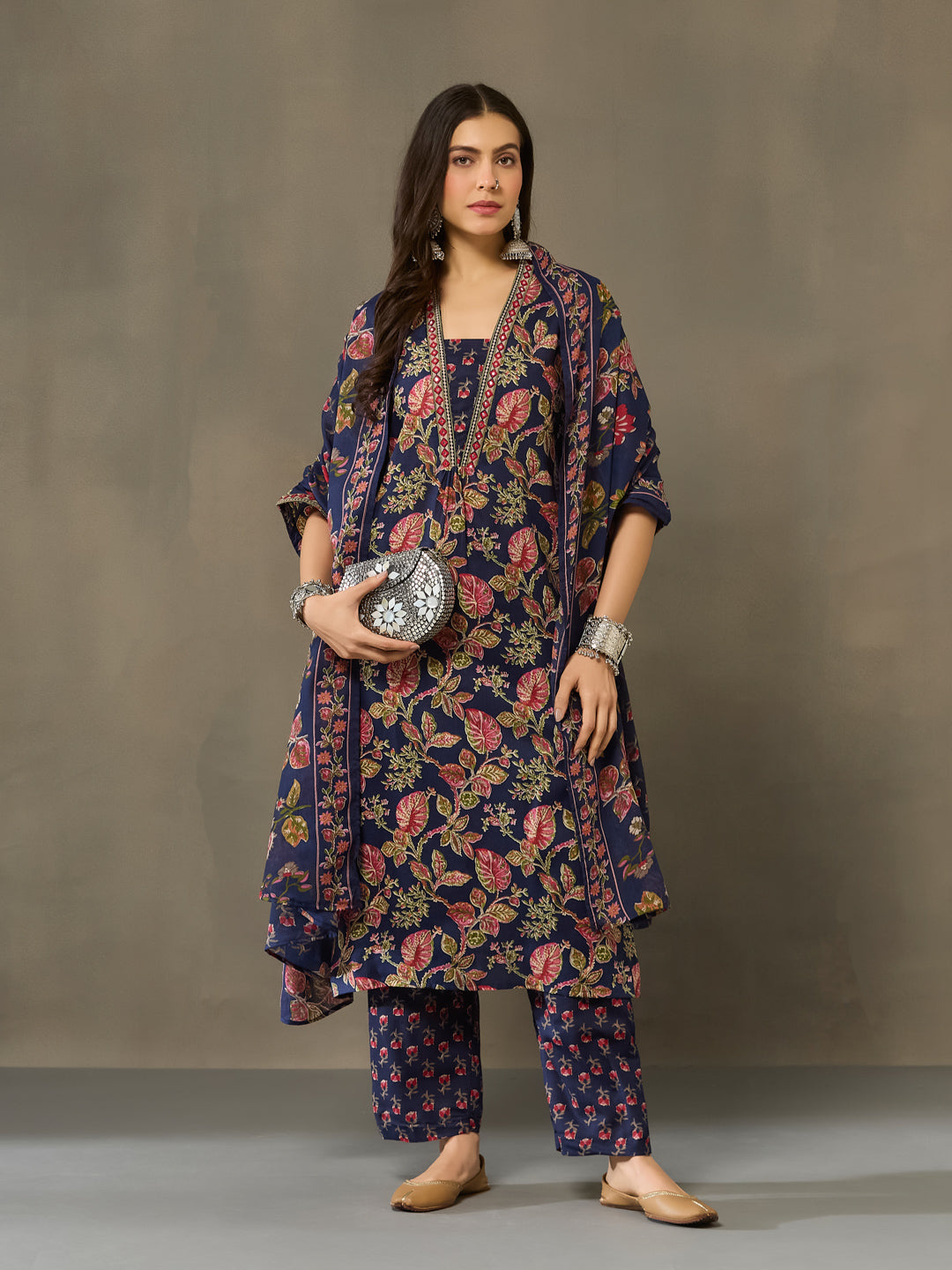 VASVI Cotton Embroidered Placket Printed Straight Kurta Pant with Dupatta, Blue