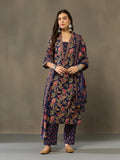 VASVI Cotton Embroidered Placket Printed Straight Kurta Pant with Dupatta, Blue