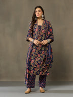 VASVI Cotton Embroidered Placket Printed Straight Kurta Pant with Dupatta, Blue