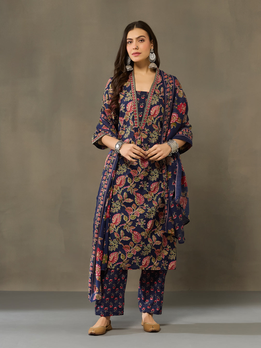 VASVI Cotton Embroidered Placket Printed Straight Kurta Pant with Dupatta, Blue