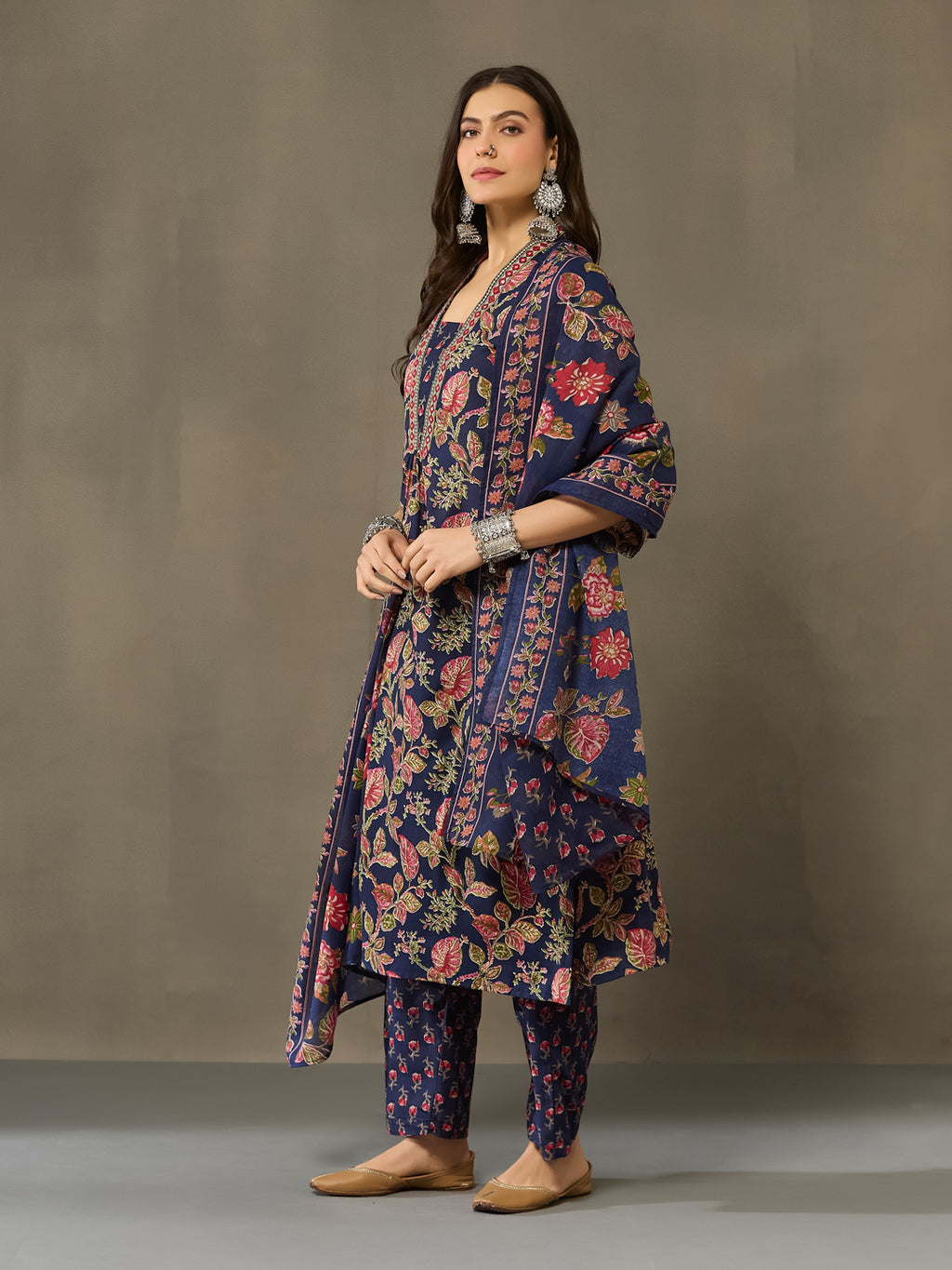 VASVI Cotton Embroidered Placket Printed Straight Kurta Pant with Dupatta, Blue