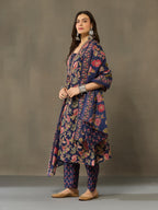 VASVI Cotton Embroidered Placket Printed Straight Kurta Pant with Dupatta, Blue