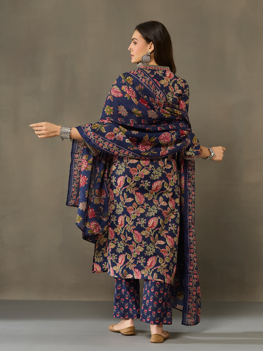 VASVI Cotton Embroidered Placket Printed Straight Kurta Pant with Dupatta, Blue