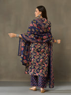 VASVI Cotton Embroidered Placket Printed Straight Kurta Pant with Dupatta, Blue