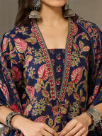 VASVI Cotton Embroidered Placket Printed Straight Kurta Pant with Dupatta, Blue