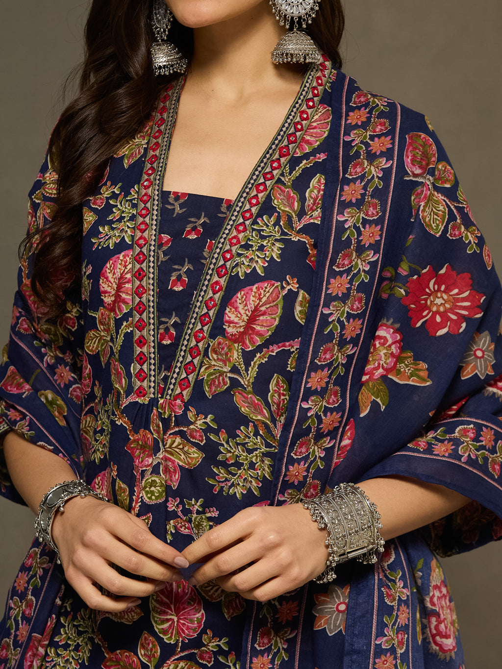 VASVI Cotton Embroidered Placket Printed Straight Kurta Pant with Dupatta, Blue