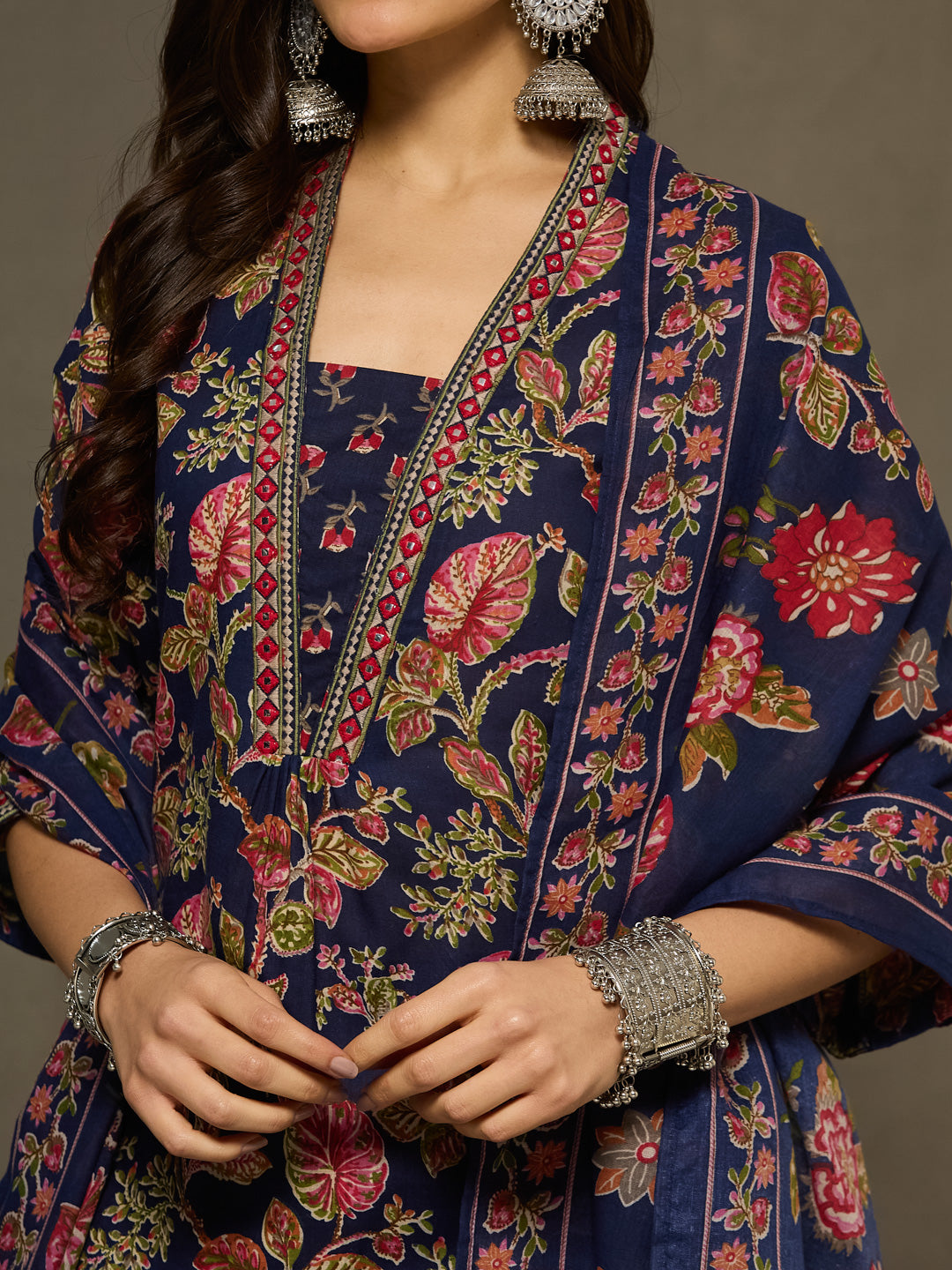 VASVI Cotton Embroidered Placket Printed Straight Kurta Pant with Dupatta, Blue