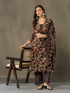 VASVI Cotton Embroidered Placket Printed Straight Kurta Pant with Dupatta, Black