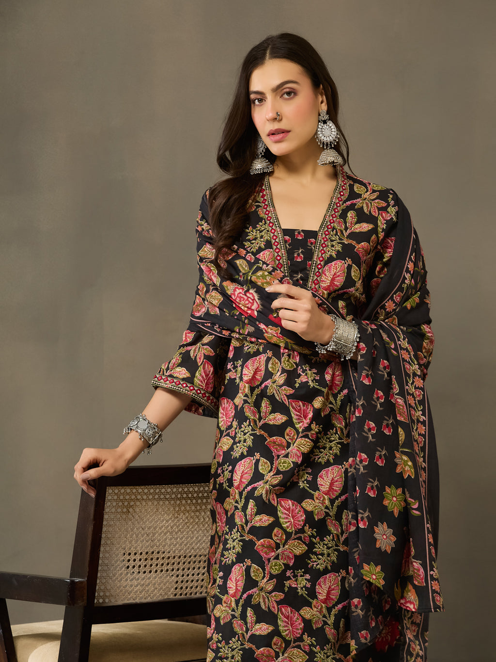 VASVI Cotton Embroidered Placket Printed Straight Kurta Pant with Dupatta, Black