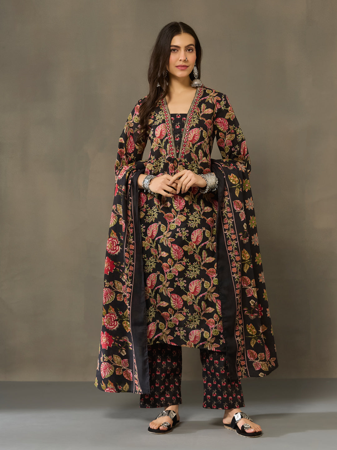 VASVI Cotton Embroidered Placket Printed Straight Kurta Pant with Dupatta, Black