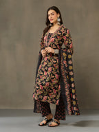 VASVI Cotton Embroidered Placket Printed Straight Kurta Pant with Dupatta, Black