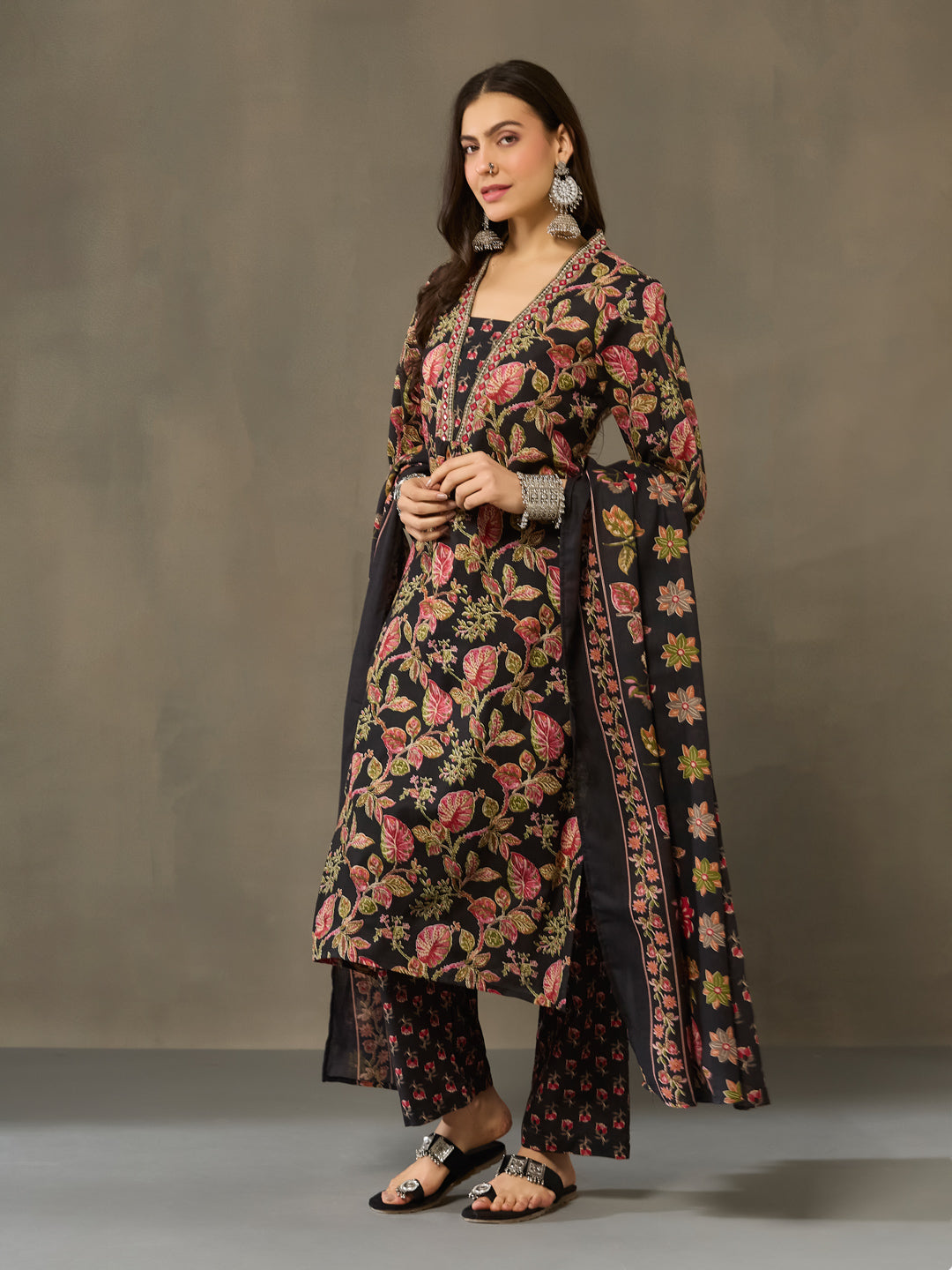 VASVI Cotton Embroidered Placket Printed Straight Kurta Pant with Dupatta, Black