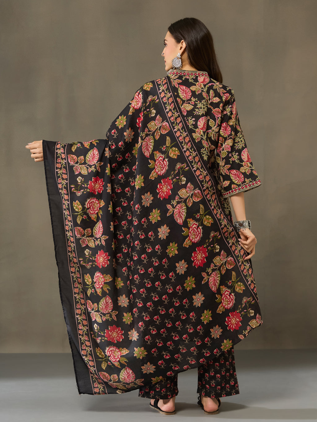 VASVI Cotton Embroidered Placket Printed Straight Kurta Pant with Dupatta, Black