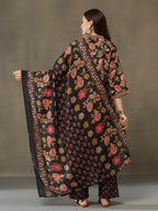 VASVI Cotton Embroidered Placket Printed Straight Kurta Pant with Dupatta, Black