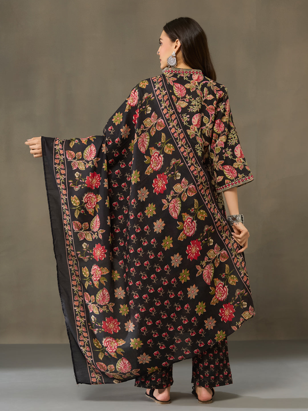 VASVI Cotton Embroidered Placket Printed Straight Kurta Pant with Dupatta, Black