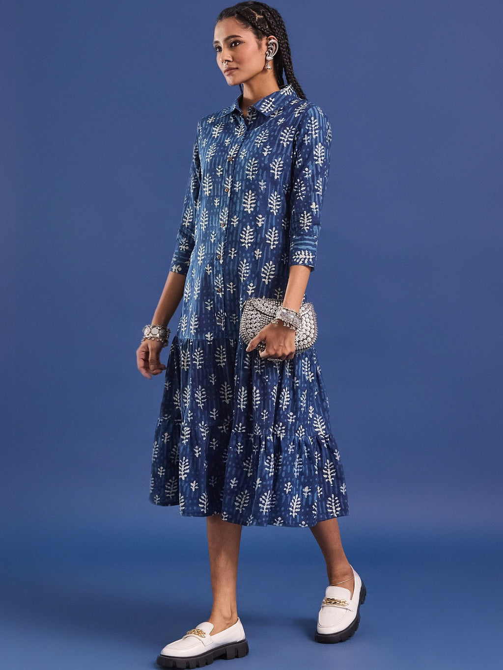 VASVI Women Indigo Printed Pure Cotton Fit & Flared Dress