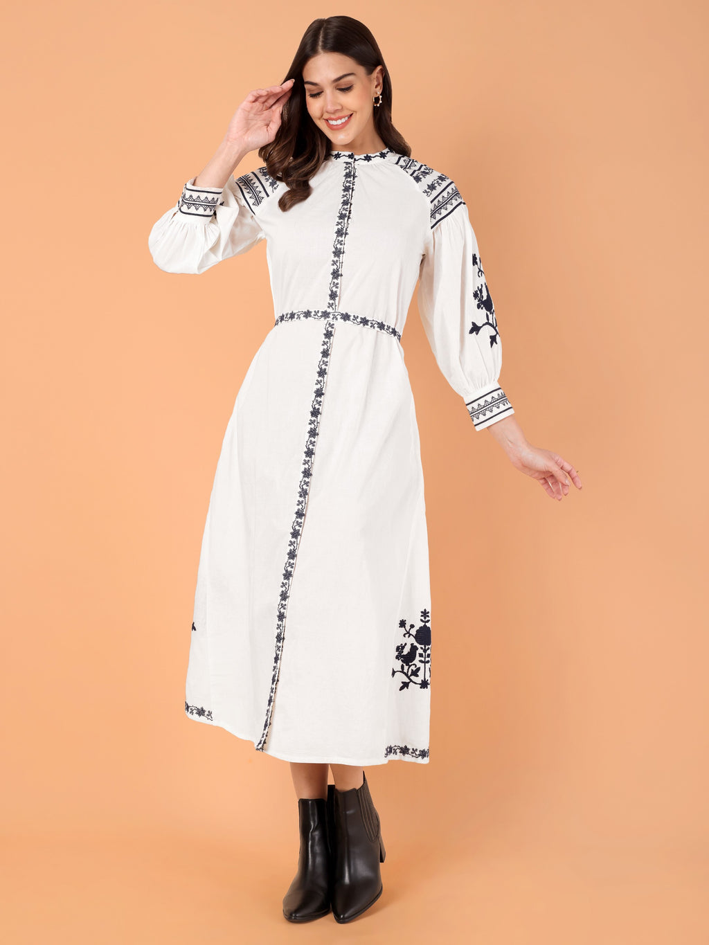 VASVI Women Cotton Embroidered A-line Dress, White