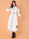 VASVI Women Cotton Embroidered A-line Dress, White