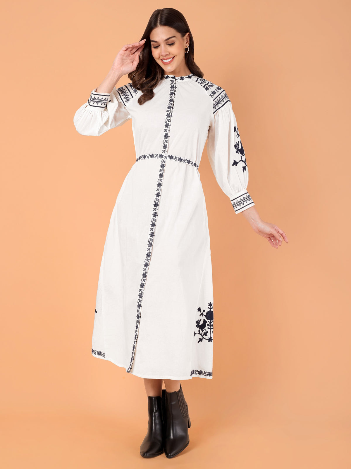 VASVI Women Cotton Embroidered A-line Dress, White