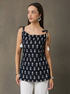 VASVI Women Cotton Printed Top, Black