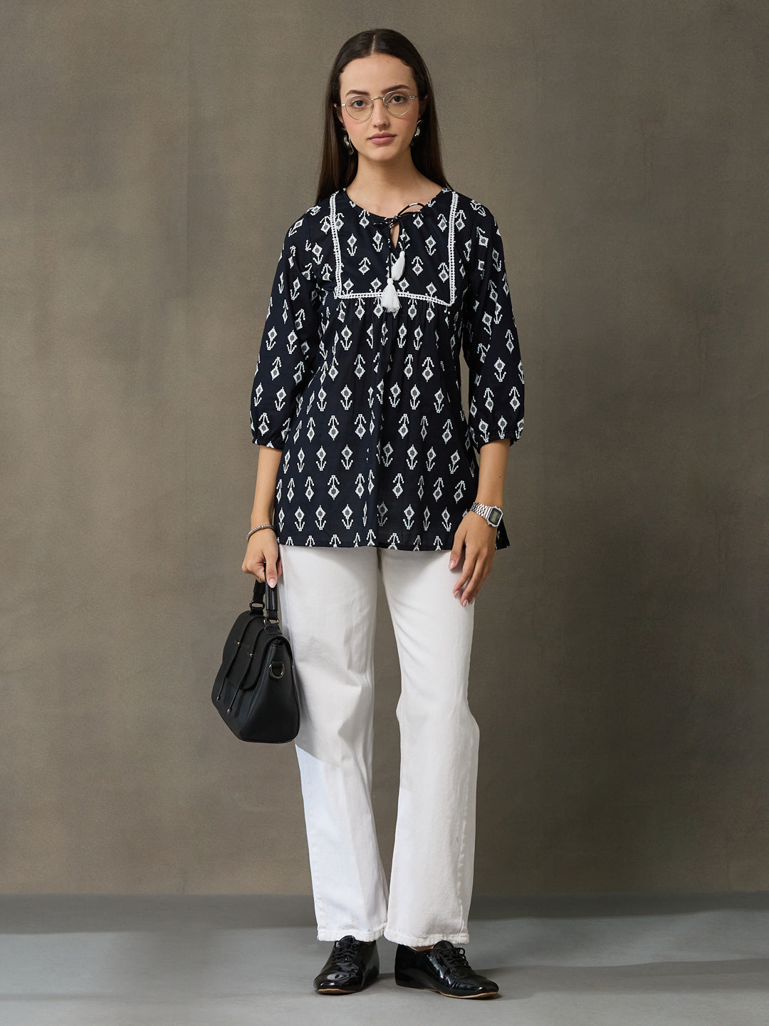 VASVI Women Cotton Printed Top, Black