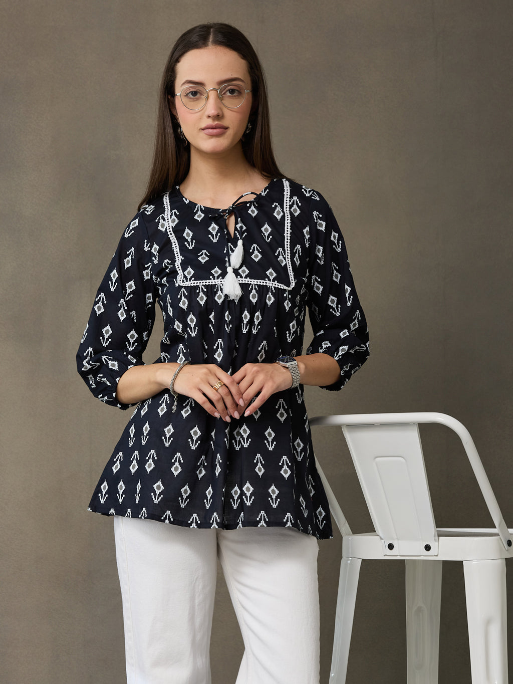 VASVI Women Cotton Printed Top, Black