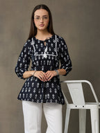 VASVI Women Cotton Printed Top, Black