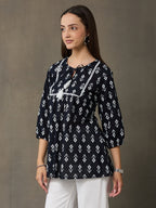 VASVI Women Cotton Printed Top, Black