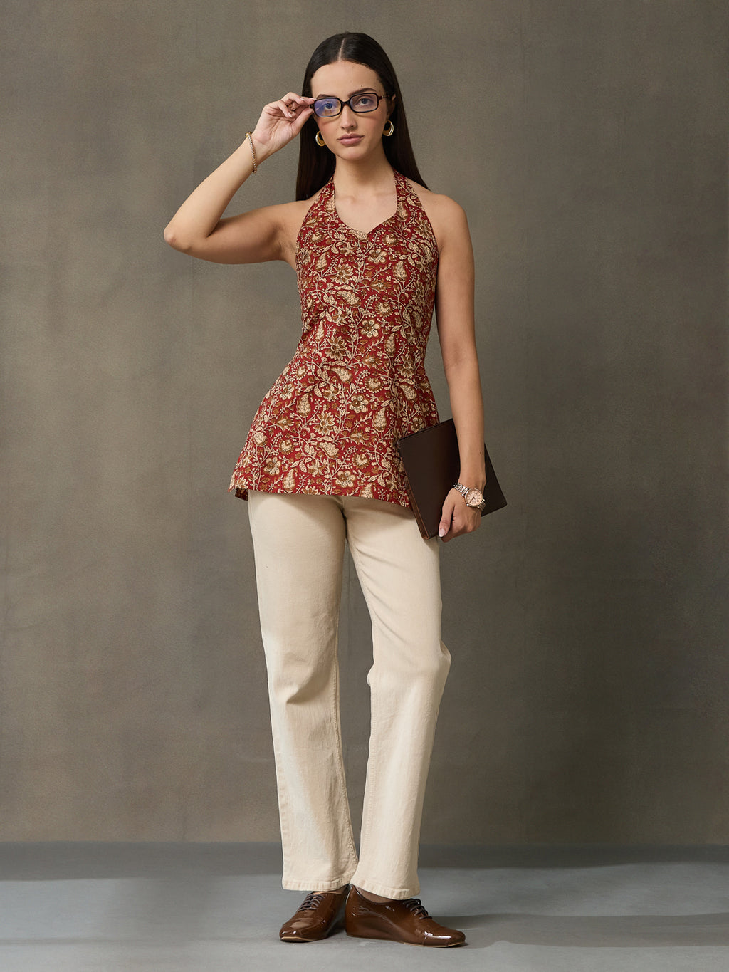VASVI Women Cotton Kalamkari Printed Sleeveless Top, Maroon