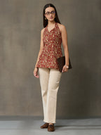 VASVI Women Cotton Kalamkari Printed Sleeveless Top, Maroon