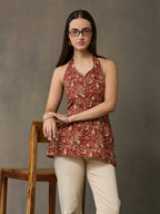 VASVI Women Cotton Kalamkari Printed Sleeveless Top, Maroon