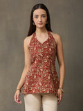 VASVI Women Cotton Kalamkari Printed Sleeveless Top, Maroon
