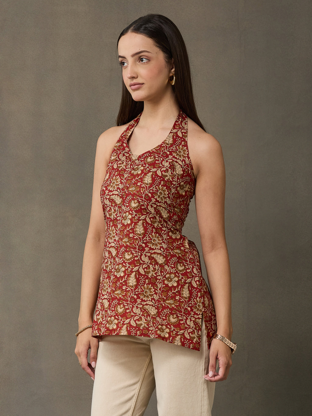 VASVI Women Cotton Kalamkari Printed Sleeveless Top, Maroon