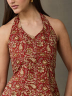 VASVI Women Cotton Kalamkari Printed Sleeveless Top, Maroon