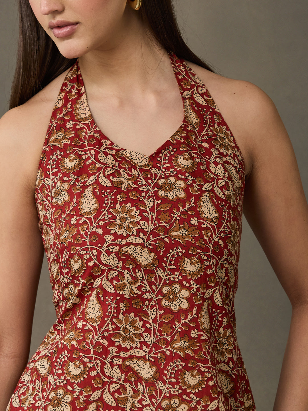 VASVI Women Cotton Kalamkari Printed Sleeveless Top, Maroon