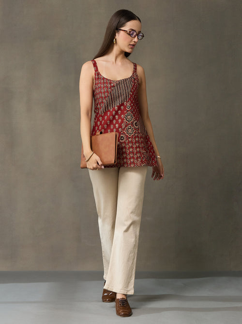 VASVI Women Cotton Block Printed Top, Maroon