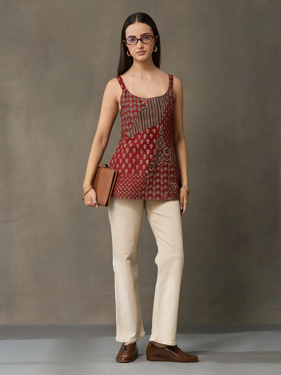 VASVI Women Cotton Block Printed Top, Maroon
