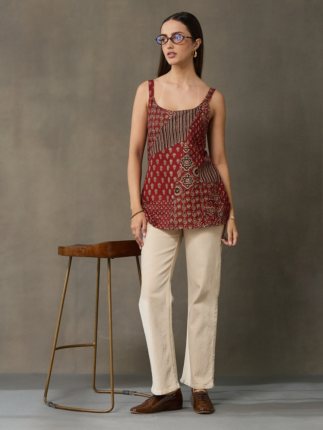 VASVI Women Cotton Block Printed Top, Maroon