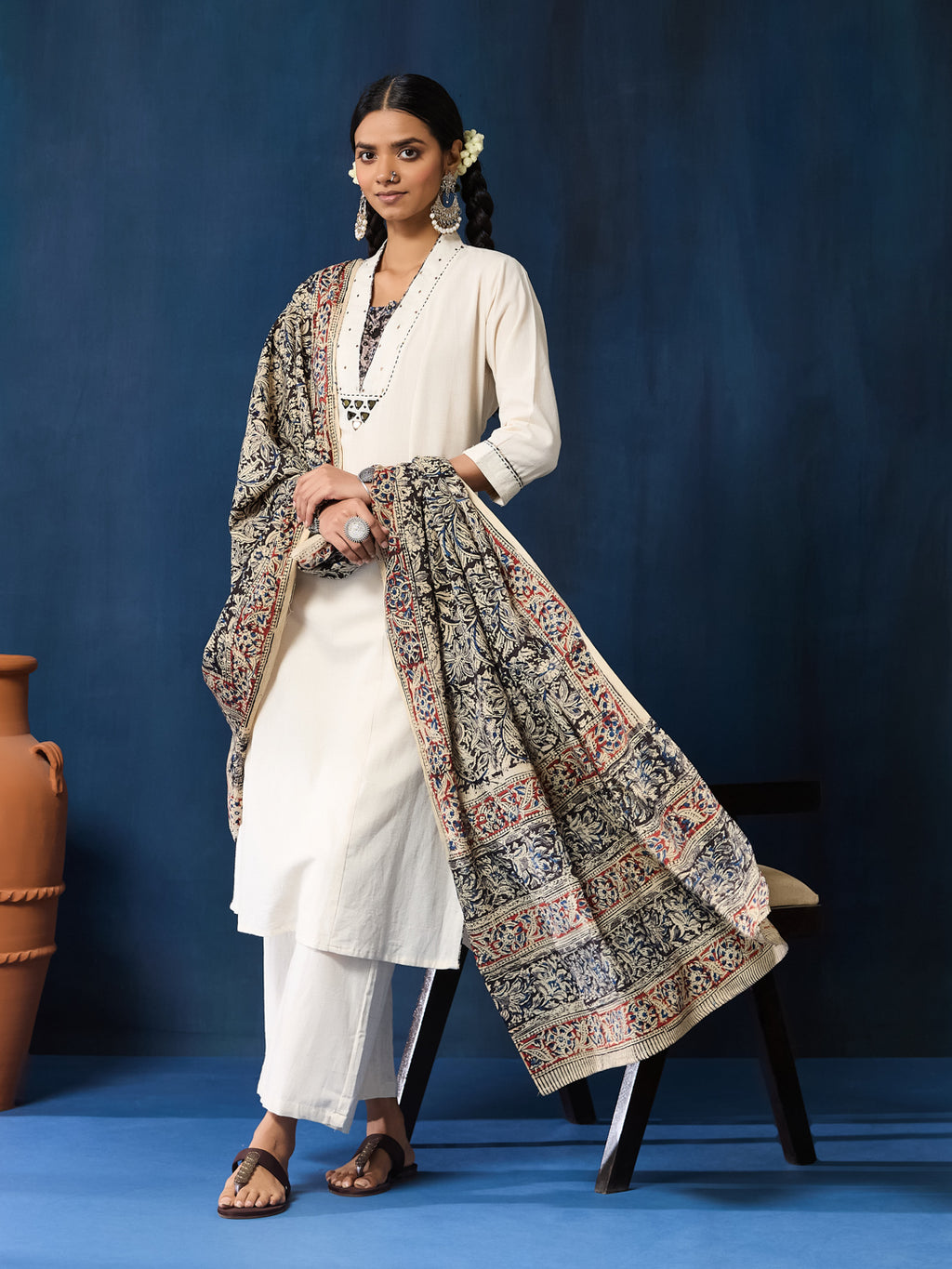 VASVI Women Cotton Kalamkari Printed Mirror Work Kurta Set with Dupatta, Off white