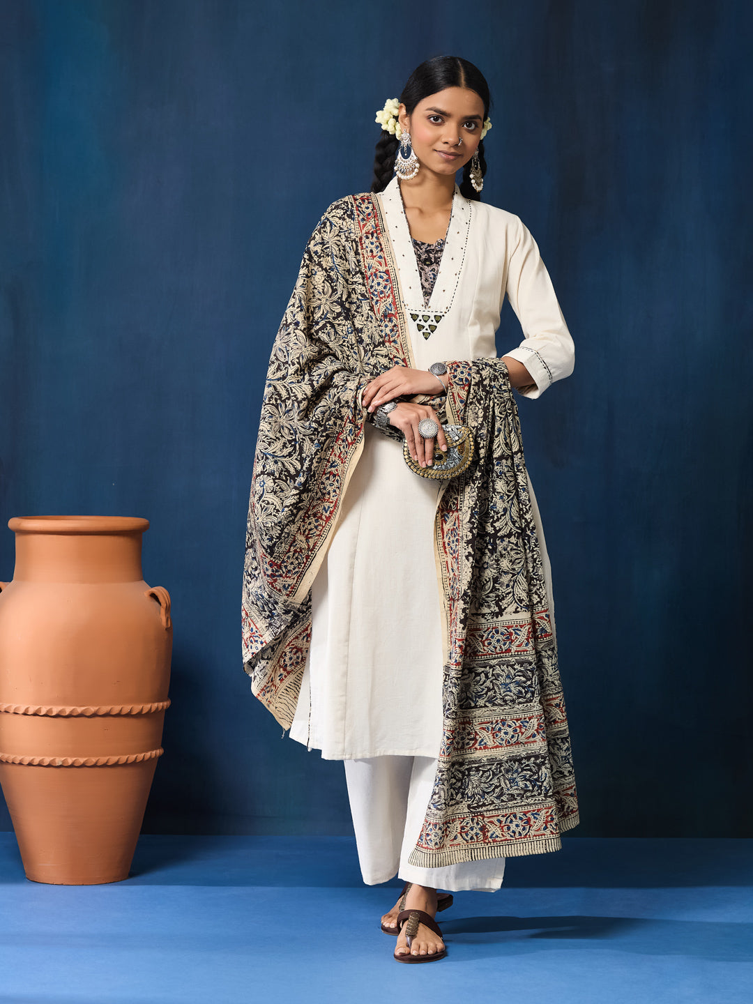 VASVI Women Cotton Kalamkari Printed Mirror Work Kurta Set with Dupatta, Off white