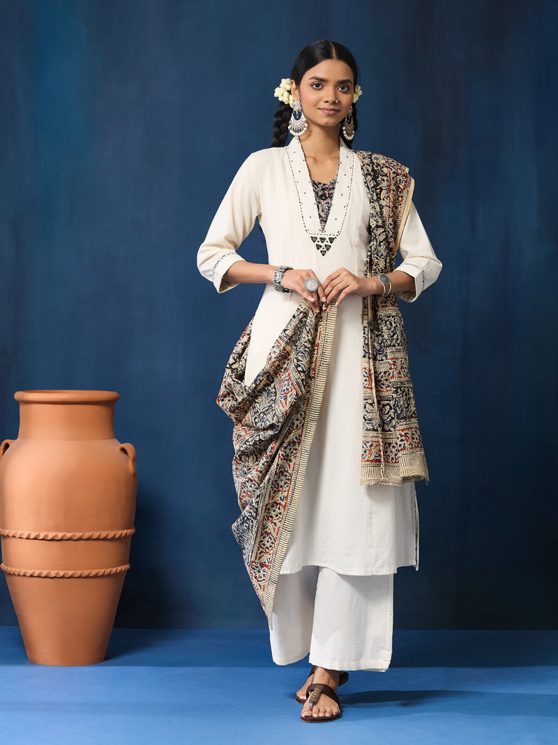 VASVI Women Cotton Kalamkari Printed Mirror Work Kurta Set with Dupatta, Off white