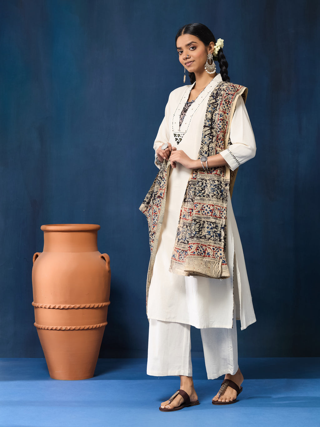 VASVI Women Cotton Kalamkari Printed Mirror Work Kurta Set with Dupatta, Off white