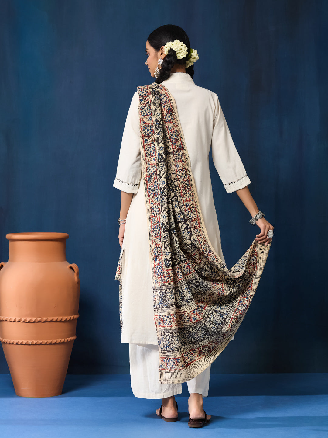 VASVI Women Cotton Kalamkari Printed Mirror Work Kurta Set with Dupatta, Off white