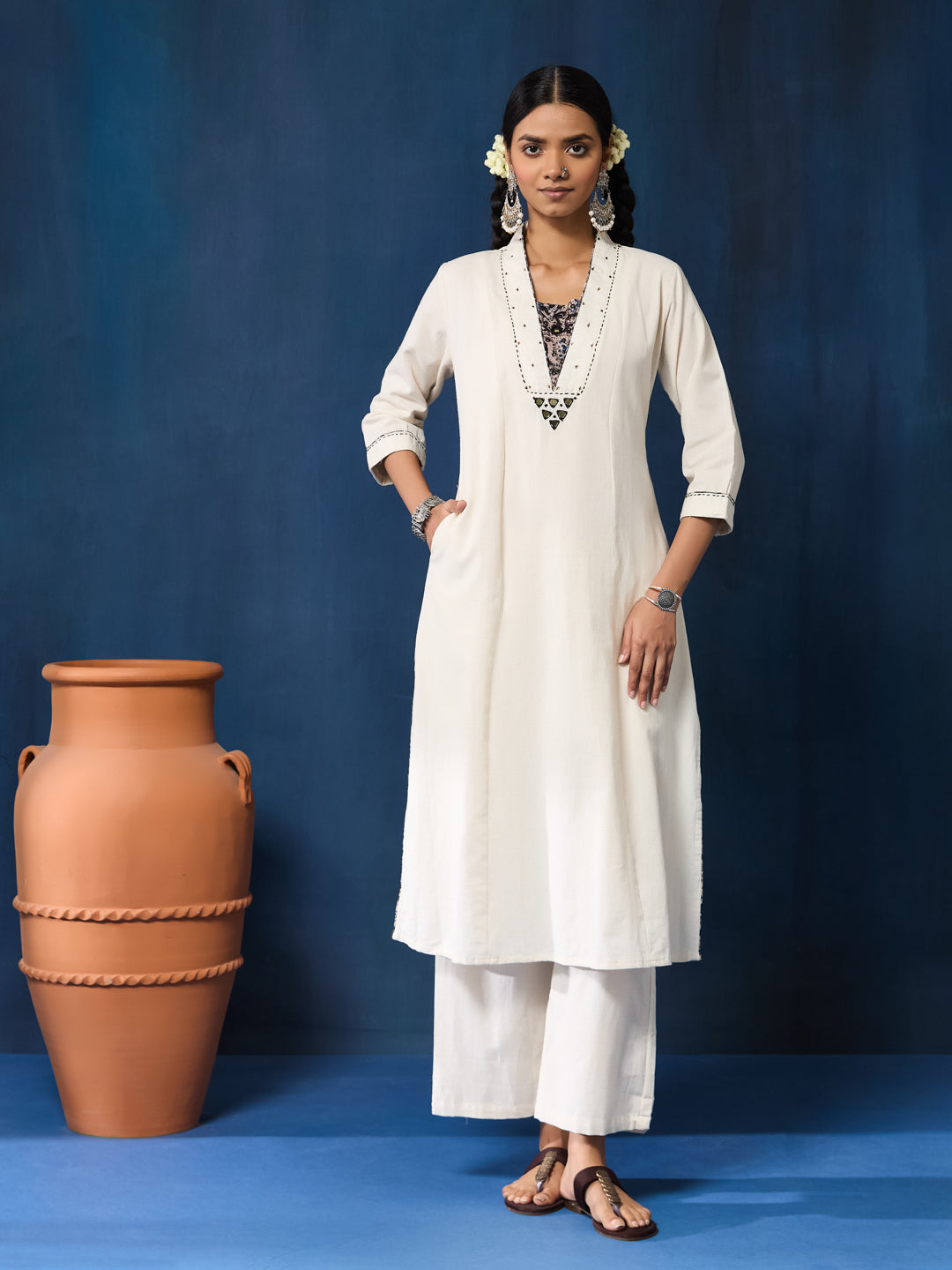 VASVI Women Cotton Kalamkari Printed Mirror Work Kurta Set with Dupatta, Off white